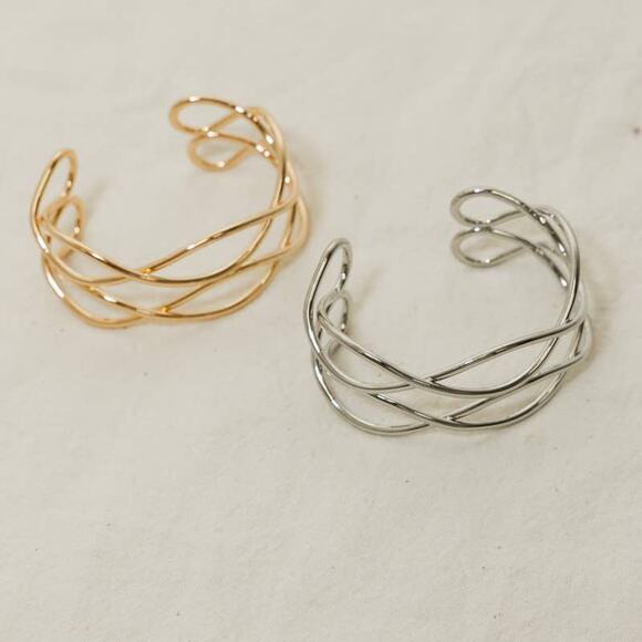 Minimalist Boho Jewelry Wavy Cuff Bracelet Goldtone - Picture 2 of 4